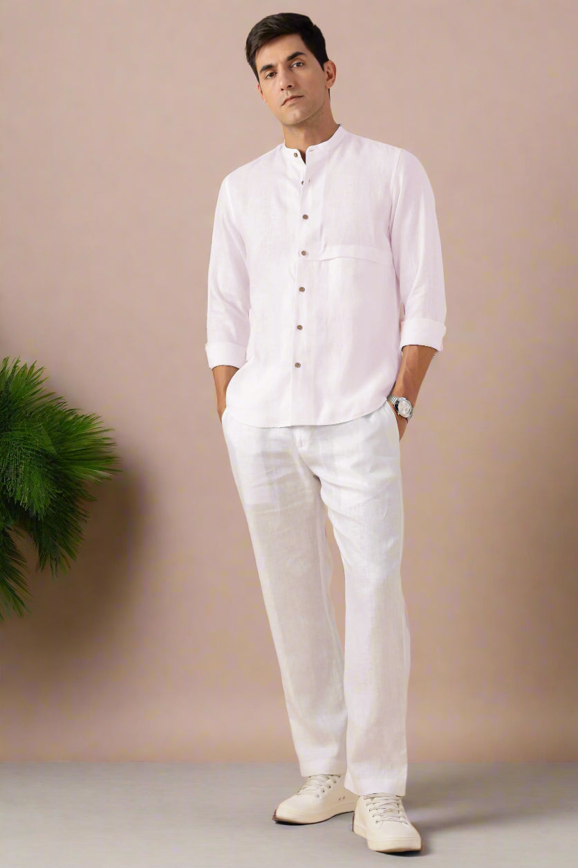 Drae Korean Shirt - Pure Linen Full Sleeve Shirt with Band Collar - Light Pink
