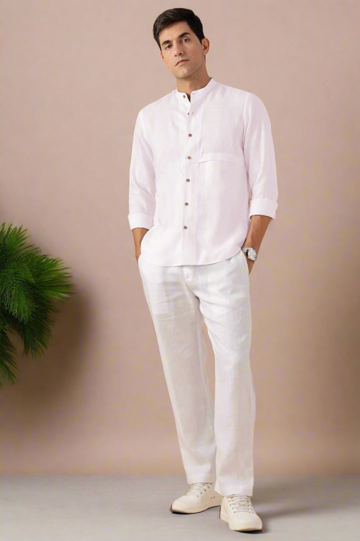 Drae Korean Shirt - Pure Linen Full Sleeve Shirt with Band Collar - Light Pink