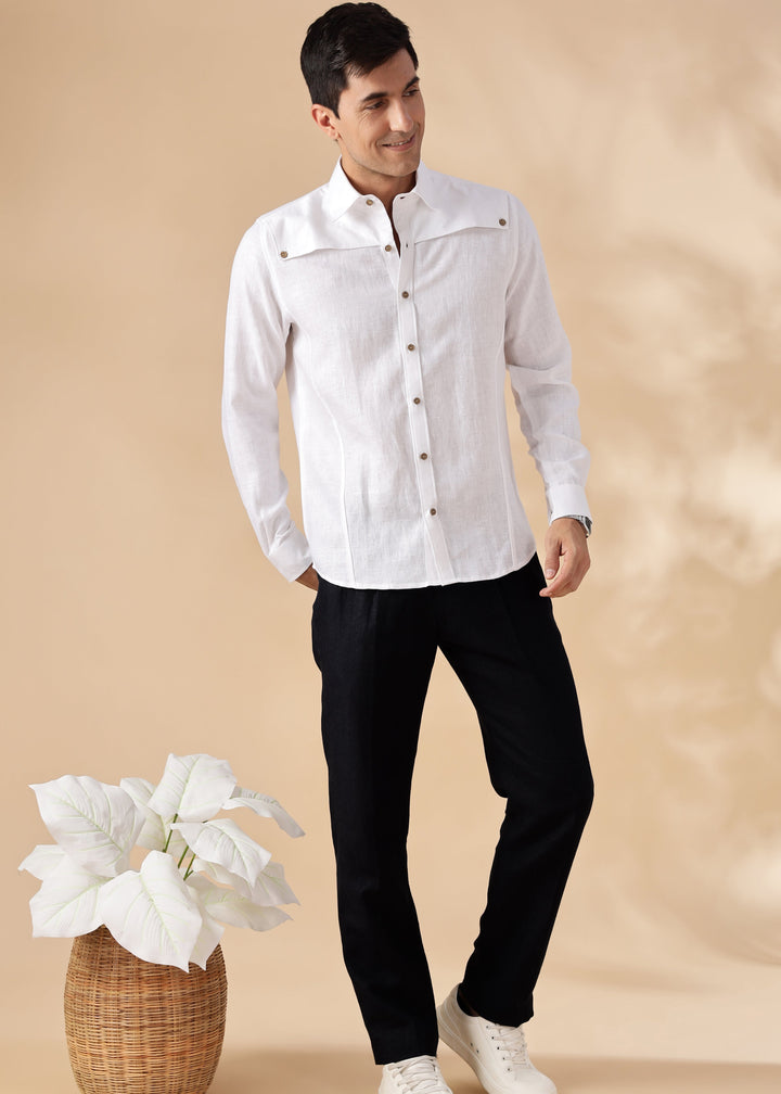 Liv - Pure Linen Double Pleated with Overlap Button Detail Trousers - Black