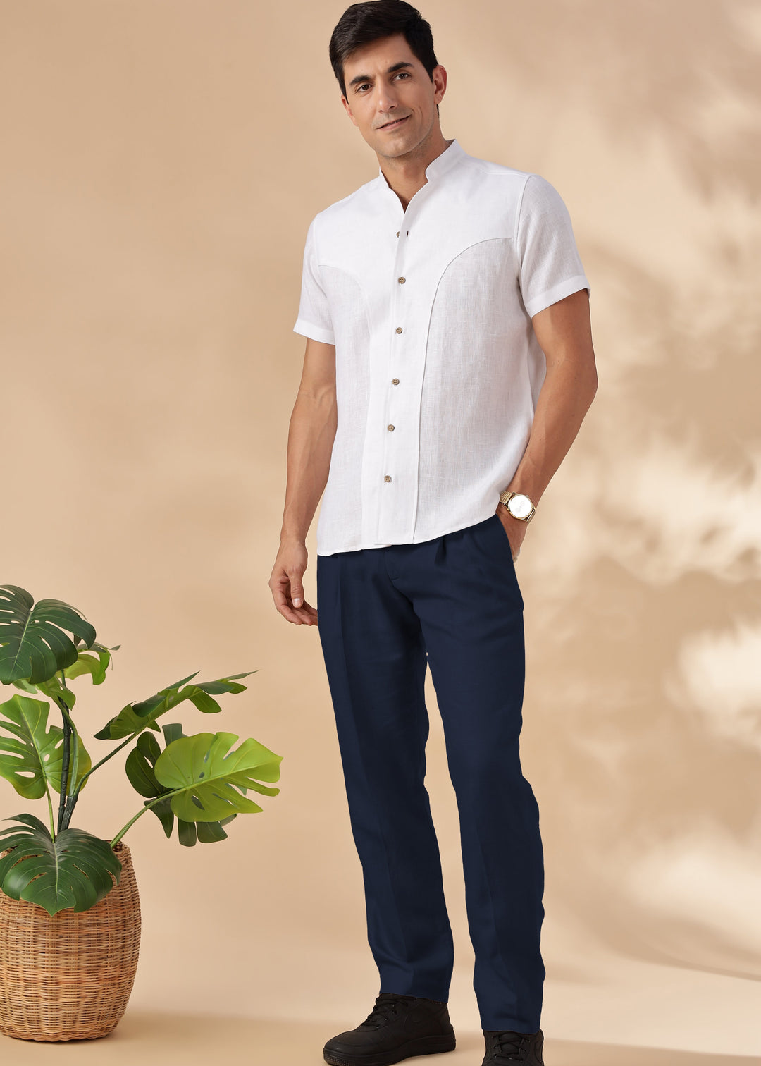 Foster - Pure Linen Trousers with Stylised Waistband - Navy Blue