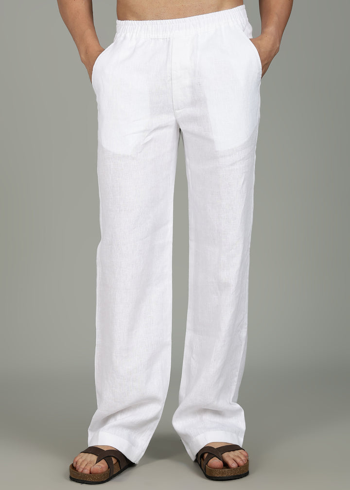100% pure linen white pants in 25 LEA worn by a person on a gray background