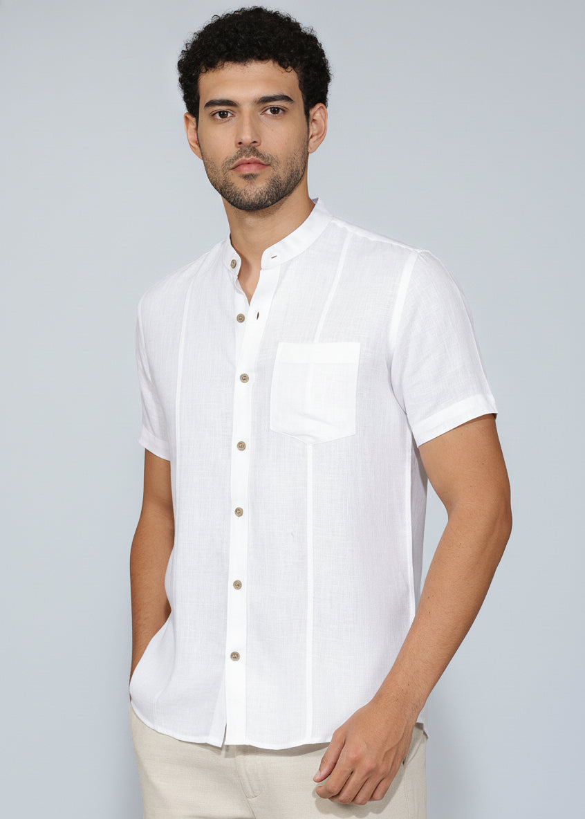 White Pure Linen Mandarin Collar Half Sleeve Shirt – Linen Trail White Pure Linen Mandarin Collar Half Sleeve Shirt – Linen Trail