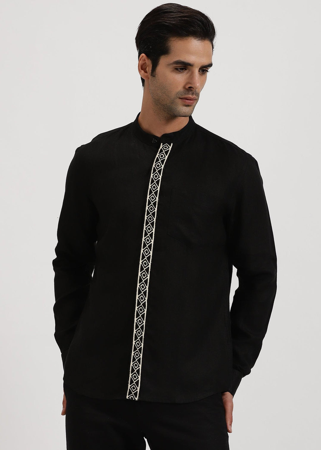 Thivican - Pure Linen Toda Hand-Embroidered Long Sleeve Shirt - Black