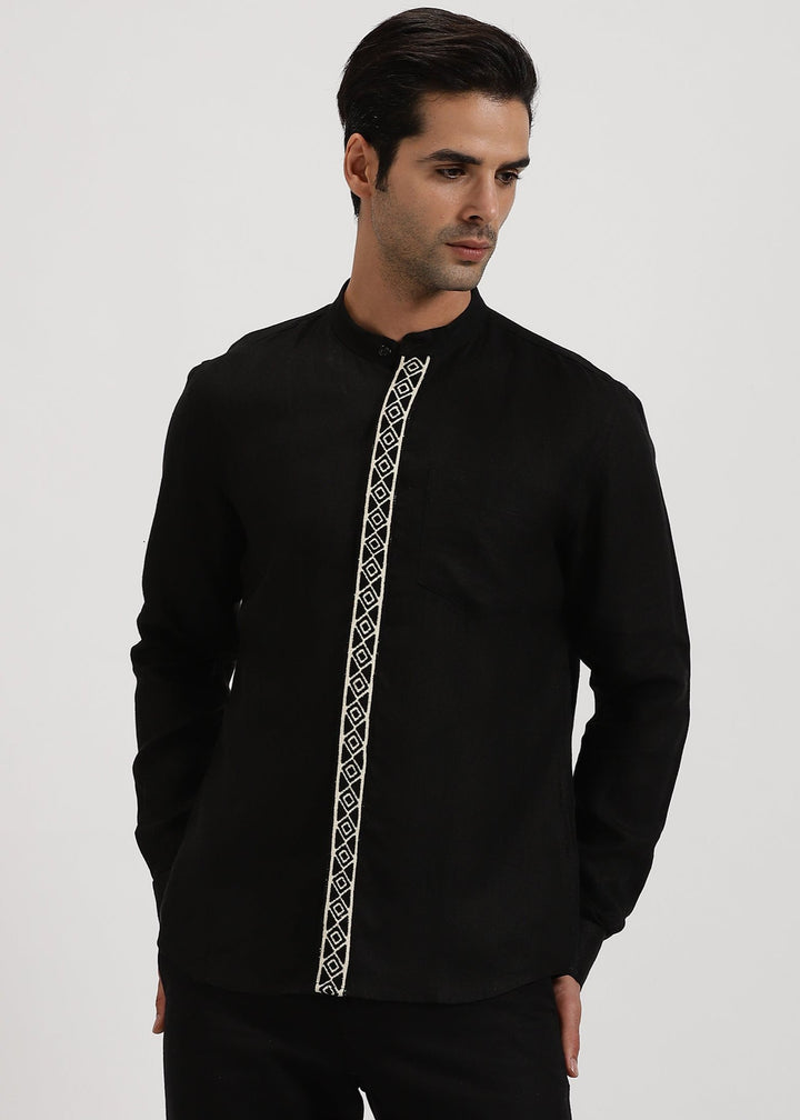 Thivican - Pure Linen Toda Hand-Embroidered Long Sleeve Shirt - Black