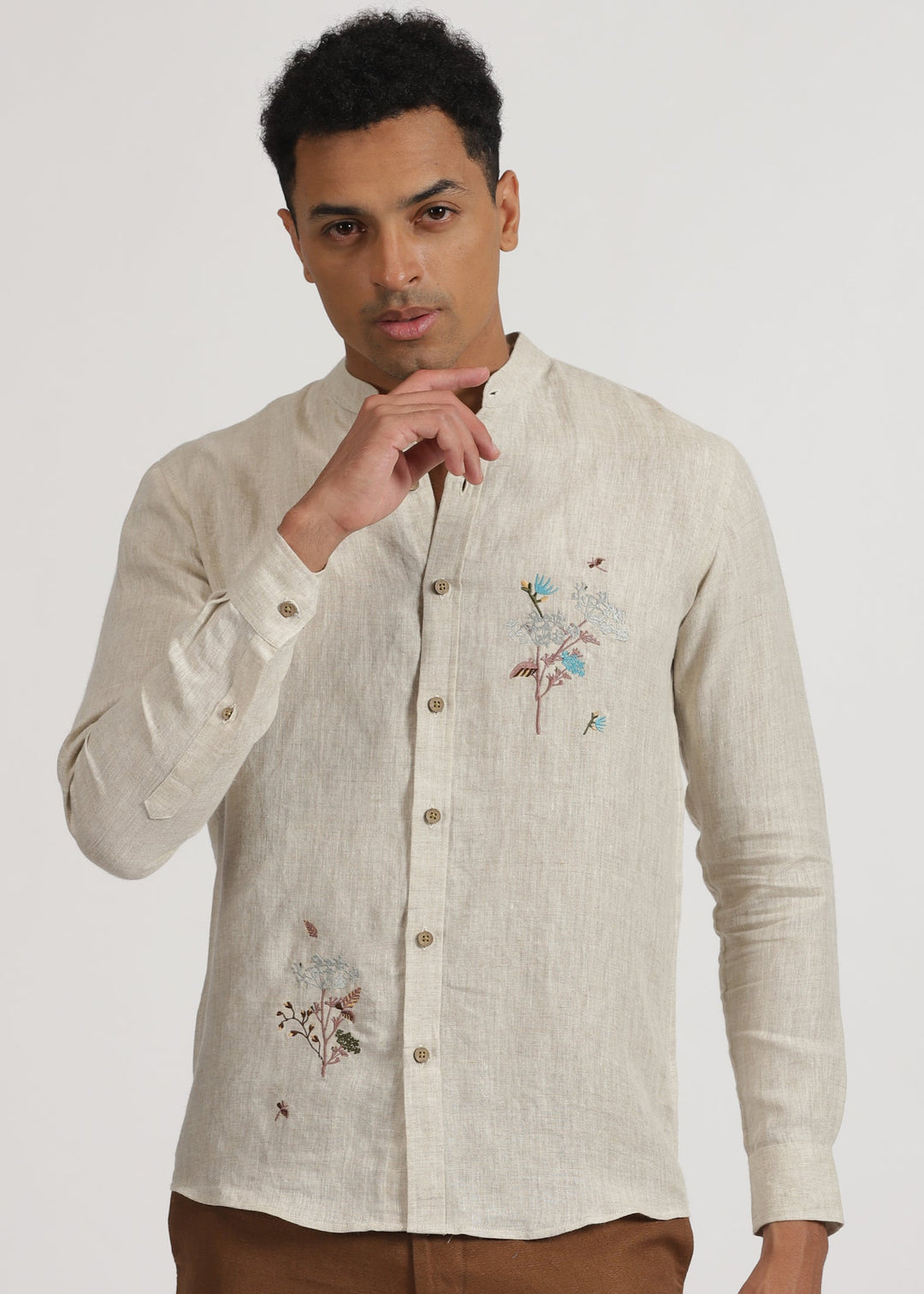 Wilson - Pure Linen Hand Embroidered Full Sleeve Shirt - Ecru