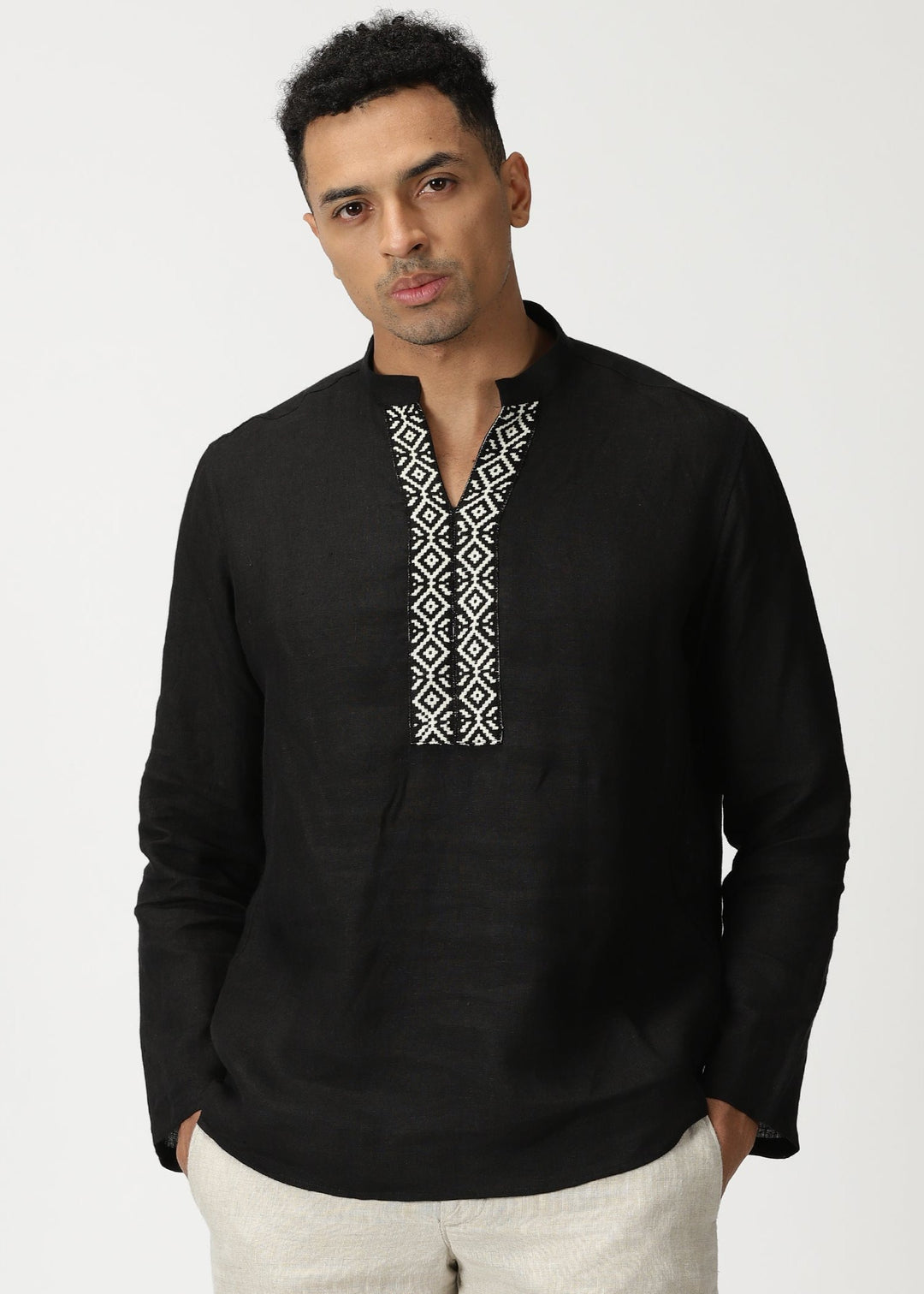 Fredrik - Pure Linen Toda Hand-Embroidered Long Sleeve Shirt - Black