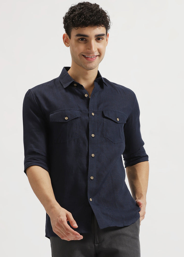Thomas - Pure Linen Double Pocket Full Sleeve Shirt - Dark Blue