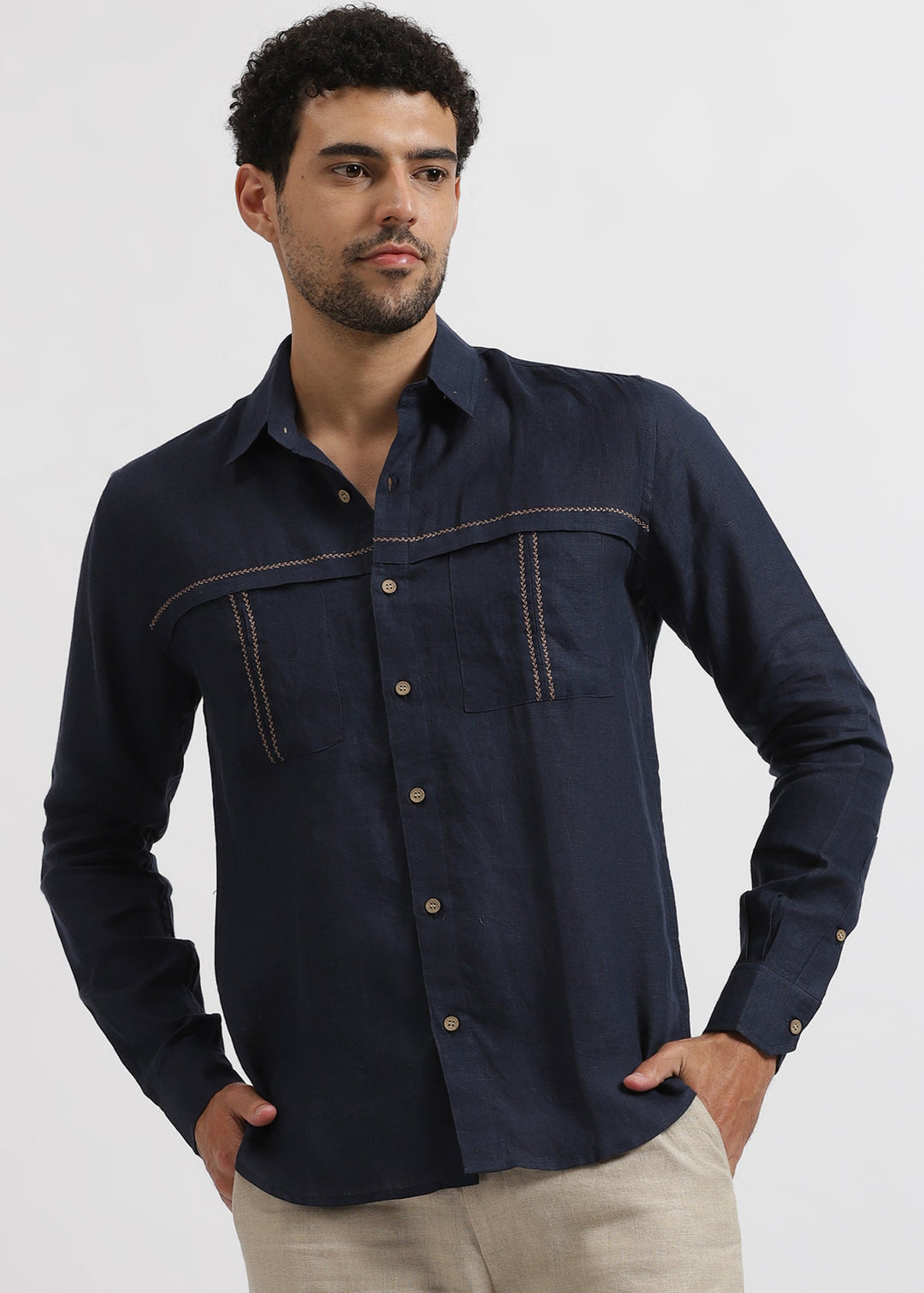 Xander - Pure Linen Double Pocket Embroidered Full Sleeve Shirt - Dark Blue