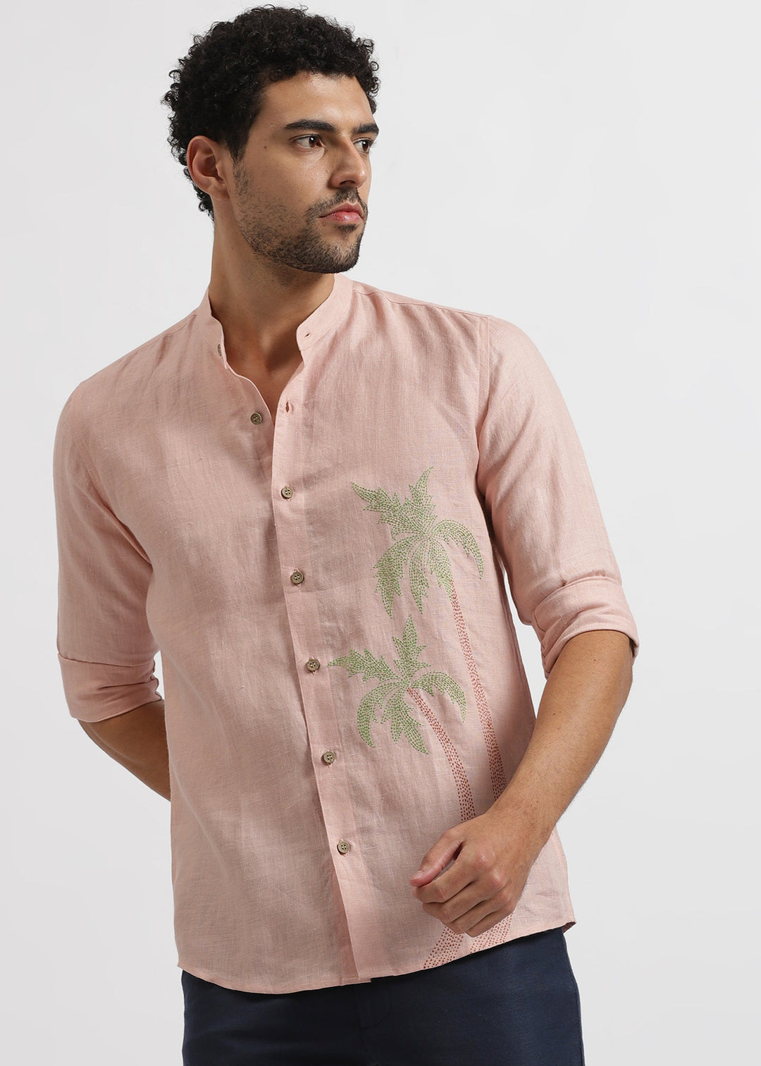 Palm - Pure Linen Hand Embroidered Full Sleeve Shirt - Pink