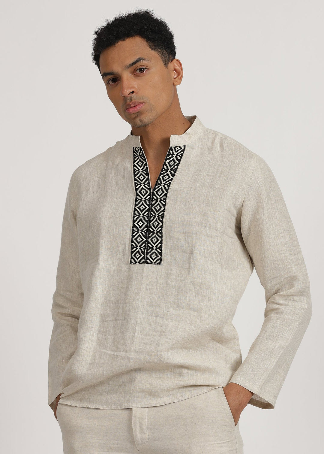 Fredrik - Pure Linen Toda Hand-Embroidered Long Sleeve Shirt - Ecru