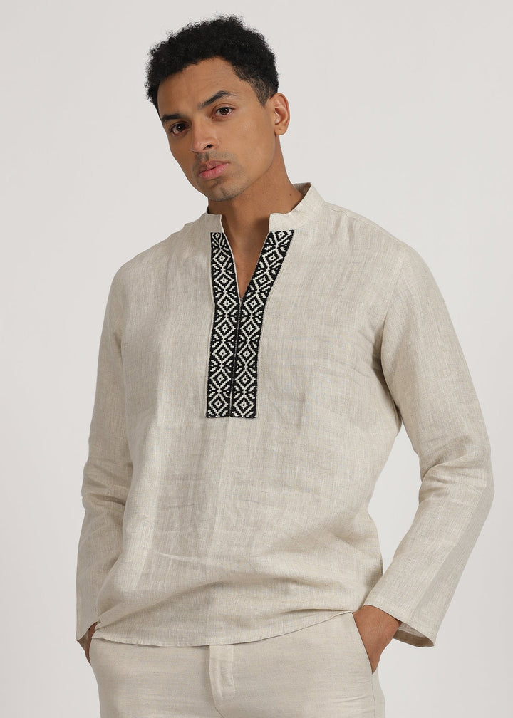 Fredrik - Pure Linen Toda Hand-Embroidered Long Sleeve Shirt - Ecru