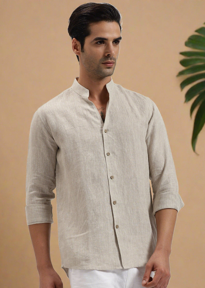 Craig - Pure Linen V Neck Full Sleeve Shirt - Ecru