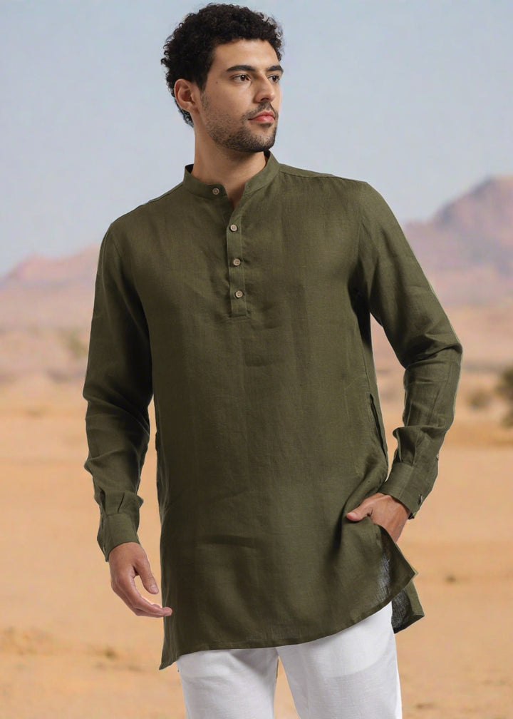 Parker - Full Sleeve Mandarin Collar Pure Linen Short Kurta - Moss Green