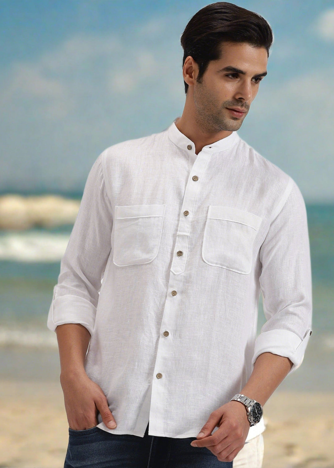 Luca - Pure Linen Double Pocket Full Sleeve Shirt - White