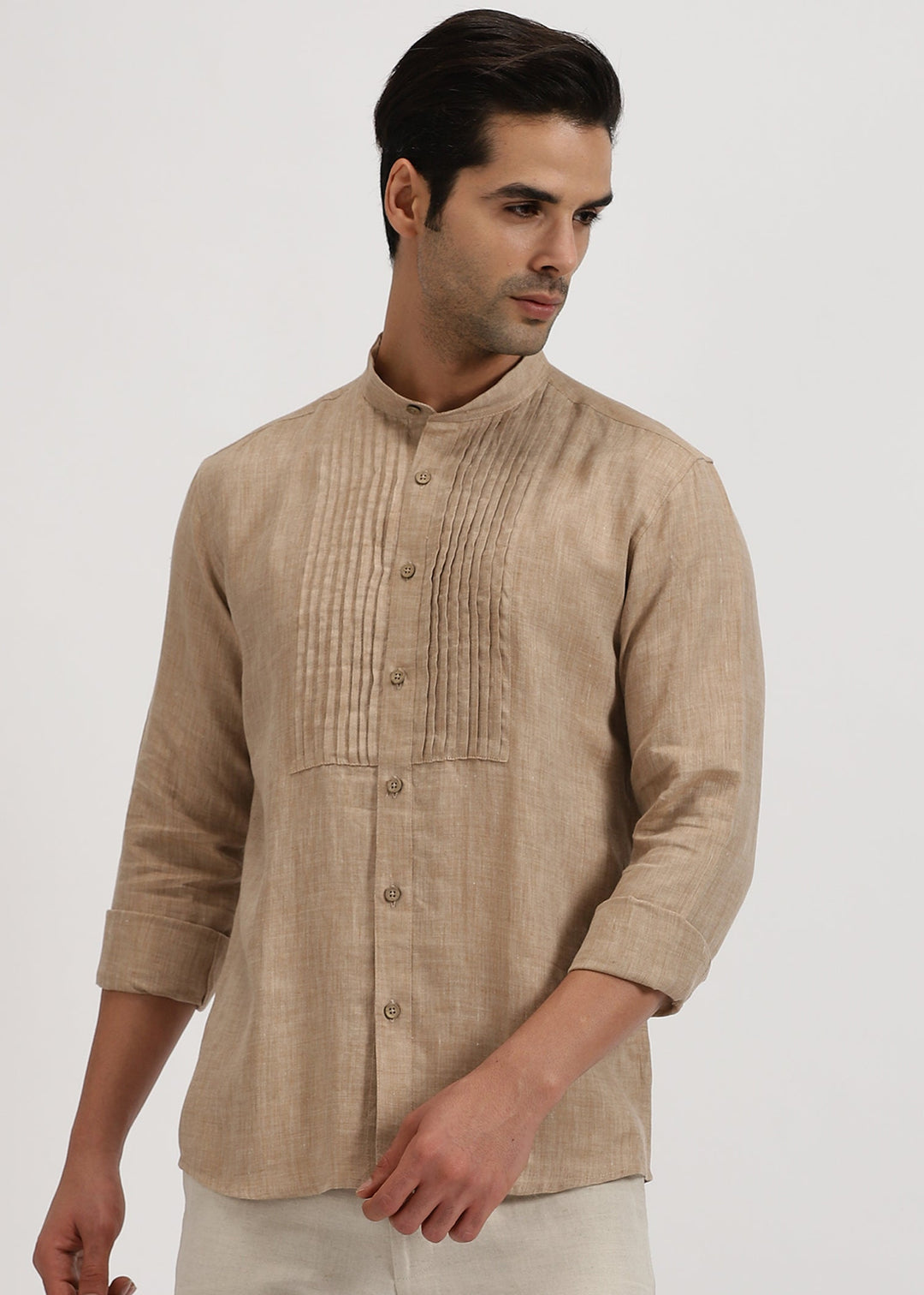 Rickson - Pure Linen Pleat Detailed Full Sleeve Shirt - Mocha