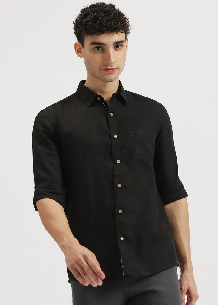 Web - Pure Linen Placket Detailing Full Sleeve Shirt - Black
