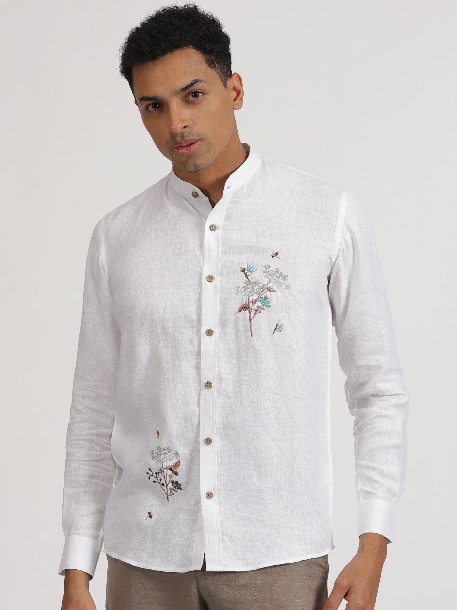 White Pure Linen Hand Embroidered Full Sleeve Shirt – Linen Trail