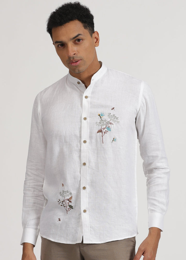 Wilson - Pure Linen Hand Embroidered Full Sleeve Shirt - White