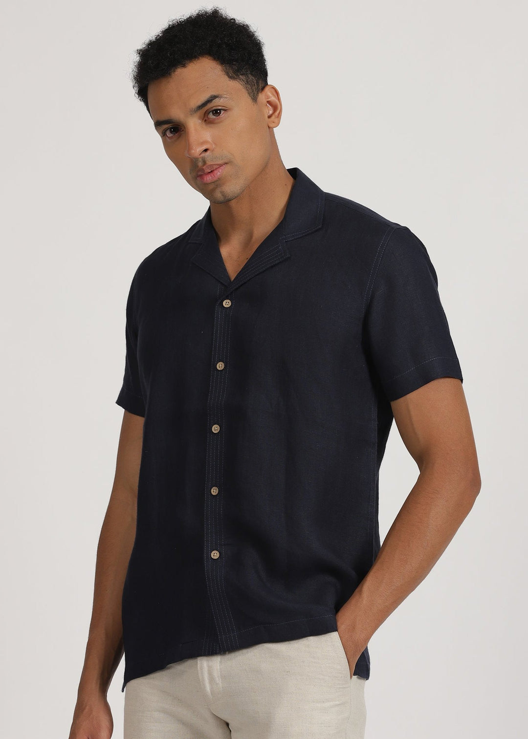 Earl - Pure Linen Half Sleeve Shirt With Stitch Details - Dark Blue