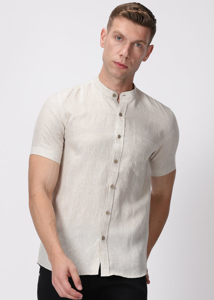 Chang - Pure Linen Mandarin Collar Half Sleeve Shirt - Ecru