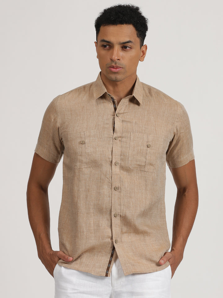 Neal - Pure Linen Double Pocket Half Sleeve Shirt - Mocha