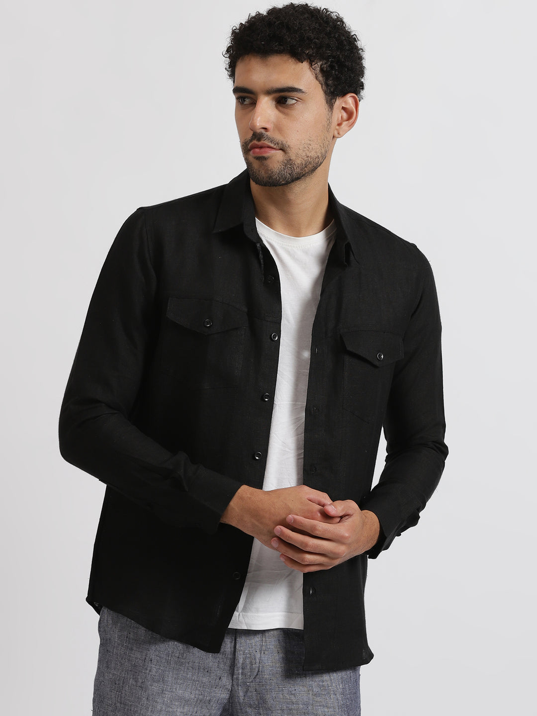 Thomas - Pure Linen Double Pocket Full Sleeve Shirt - Black