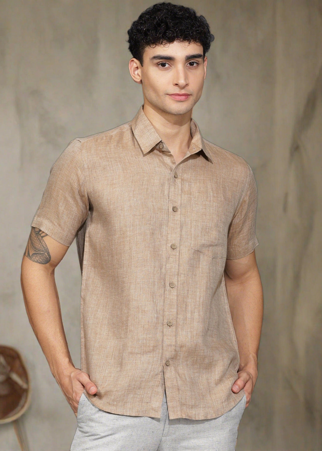 Scolet - Pure Linen Half Sleeve Shirt - Mocha