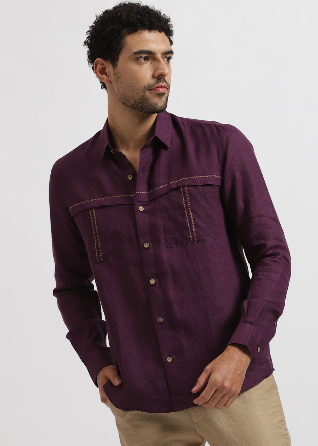 Xander - Pure Linen Double Pocket Embroidered Full Sleeve Shirt - Dark Purple
