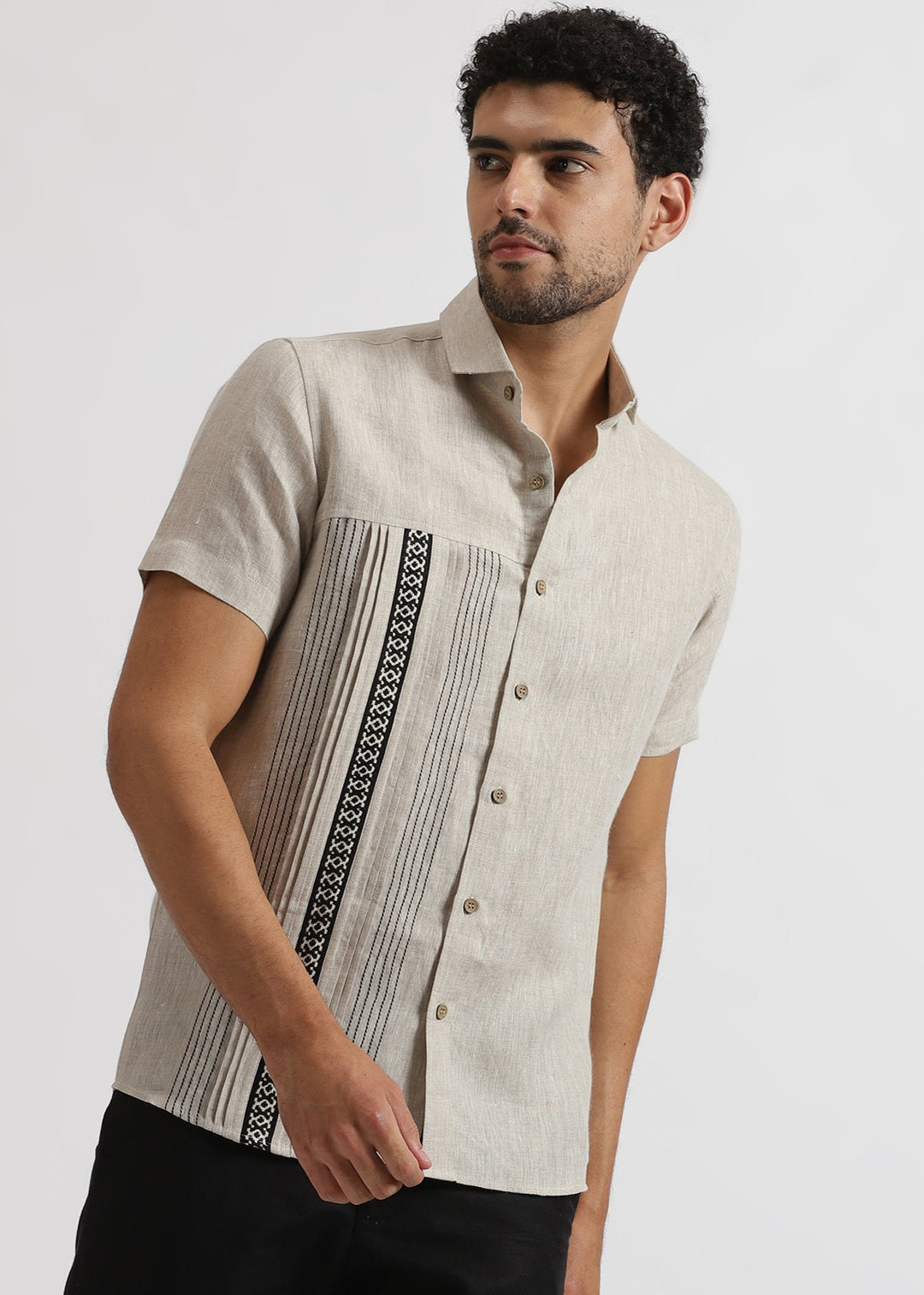 Aryan - Pure Linen Toda Hand-Embroidered Half Sleeve Shirt - Ecru