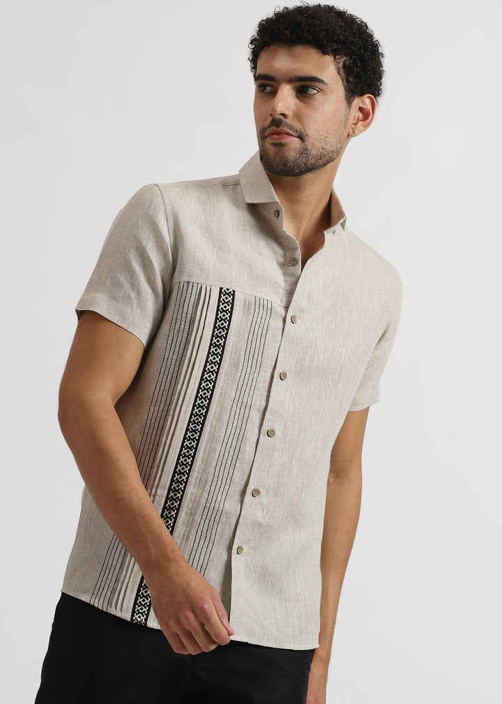 Aryan - Pure Linen Toda Hand-Embroidered Half Sleeve Shirt - Ecru