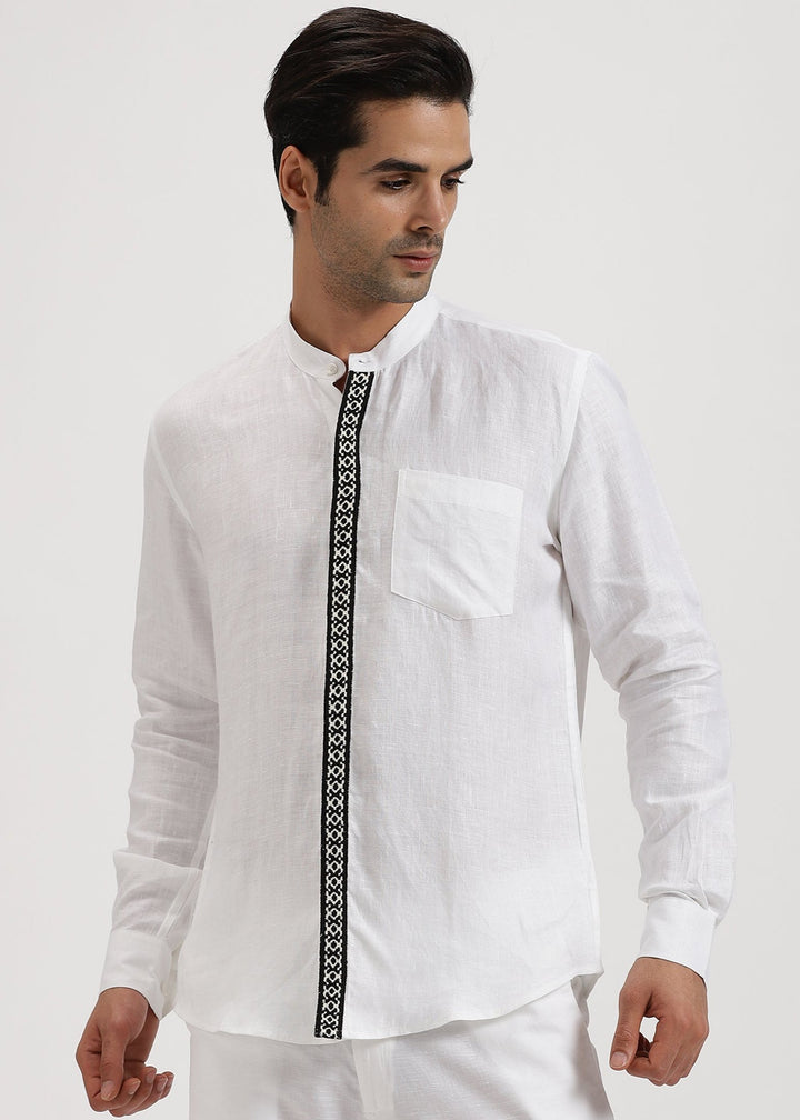 Thivican - Pure Linen Toda Hand-Embroidered Long Sleeve Shirt - White