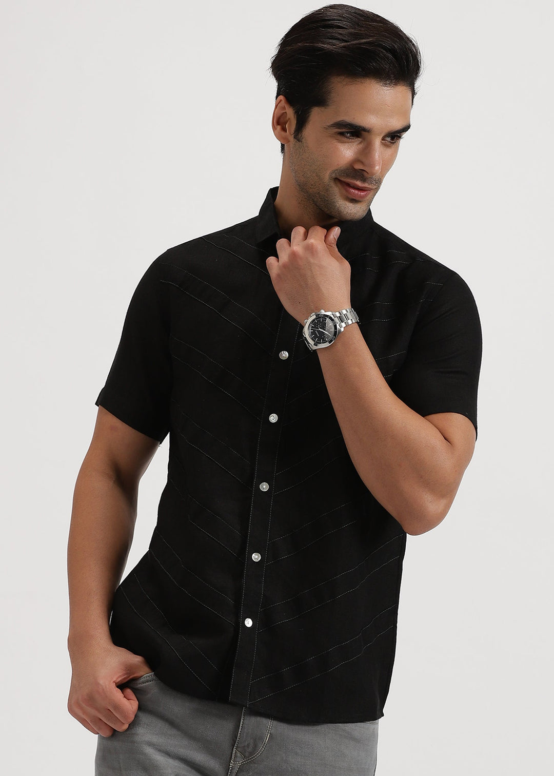 Pierre - Pure Linen Stitch Detailed Half Sleeve Shirt - Black