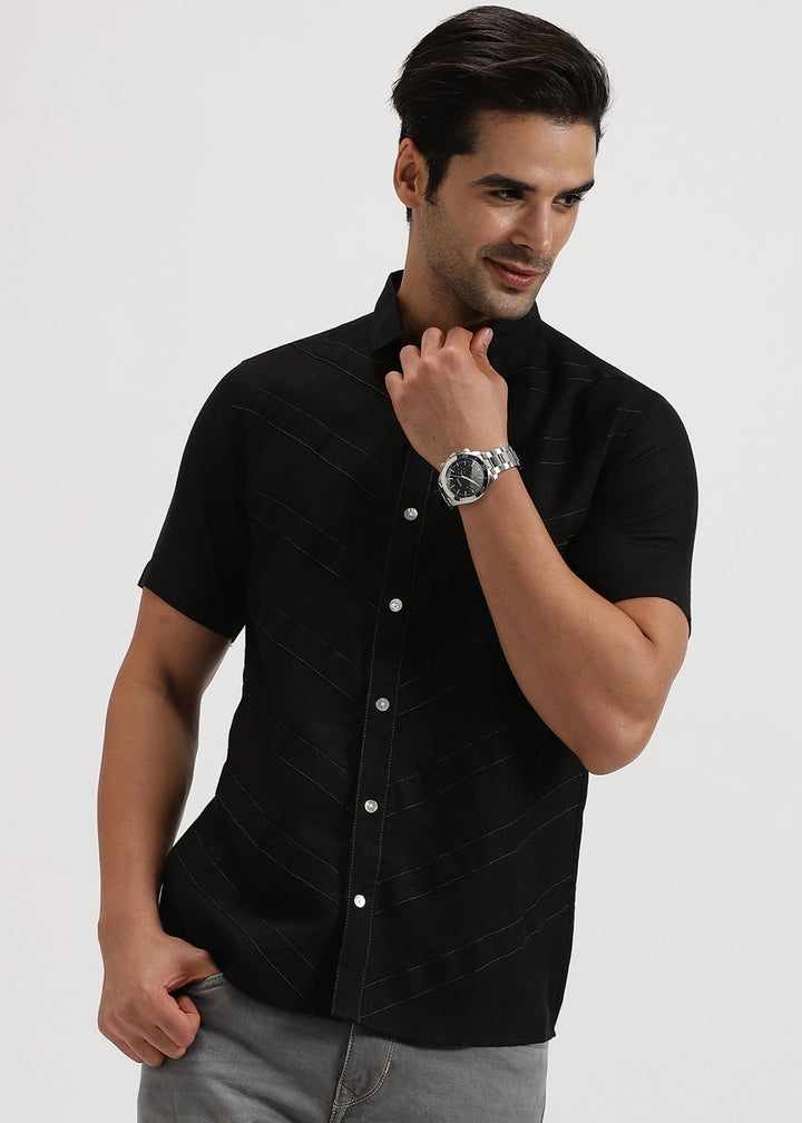 Pierre - Pure Linen Stitch Detailed Half Sleeve Shirt - Black