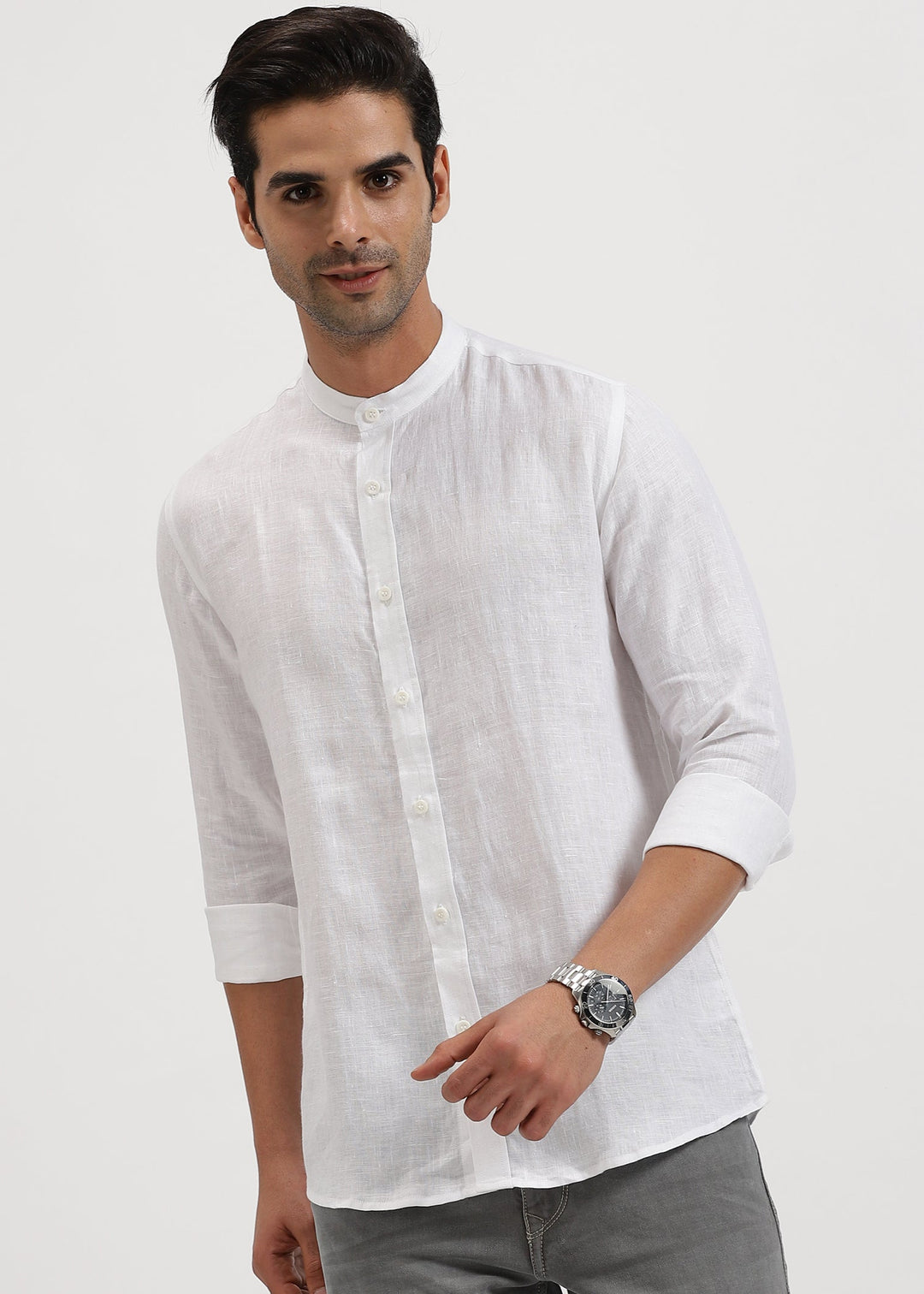 Ronan - Pure Linen Mandarin Collar Full Sleeve Shirt - White