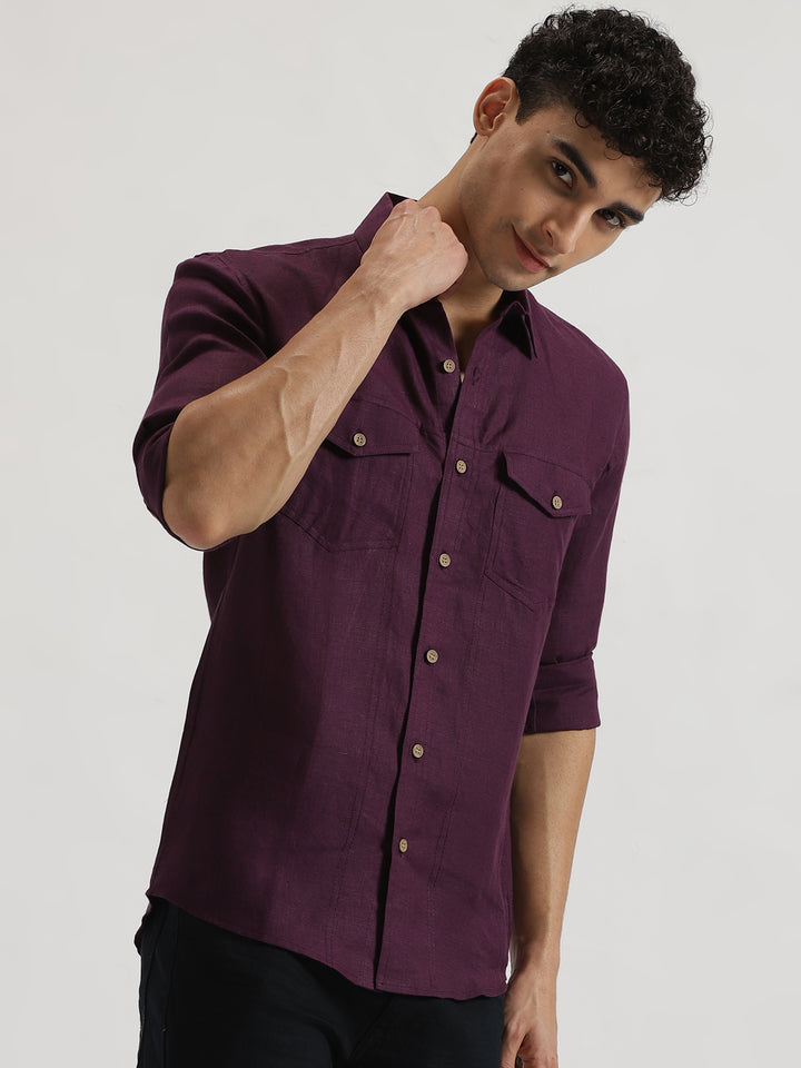 Thomas - Pure Linen Double Pocket Full Sleeve Shirt - Dark Purple