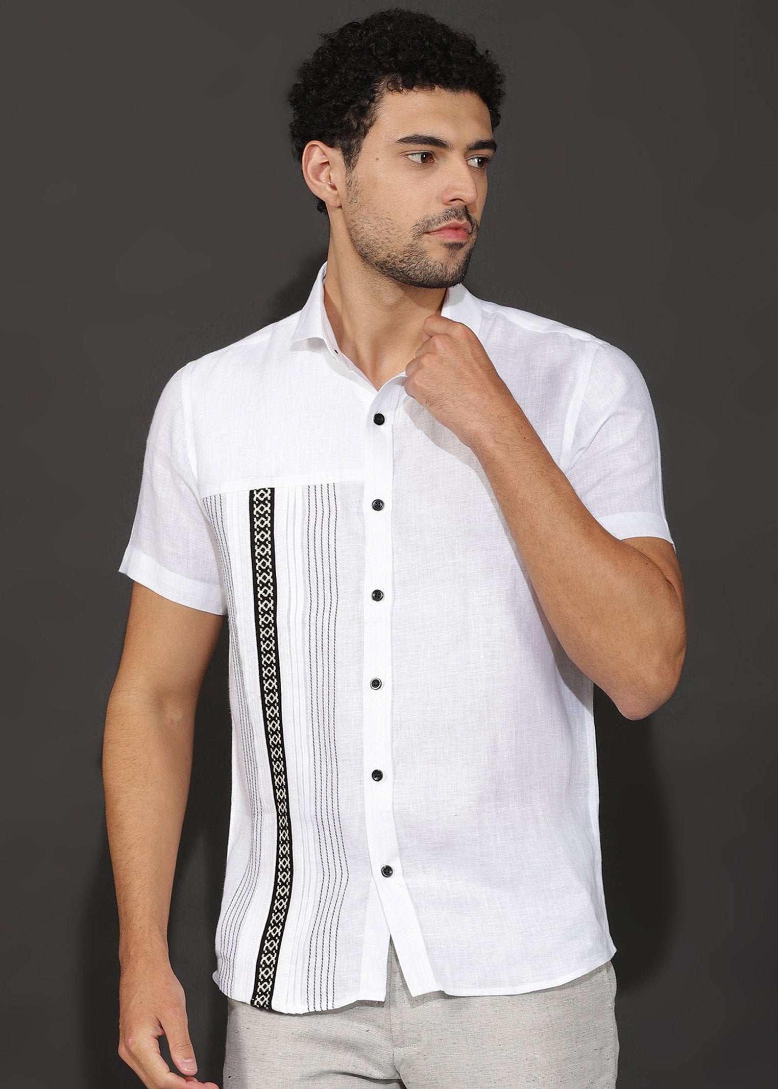 White Pure Linen Toda Hand-Embroidered Half Sleeve Shirt – Linen Trail
