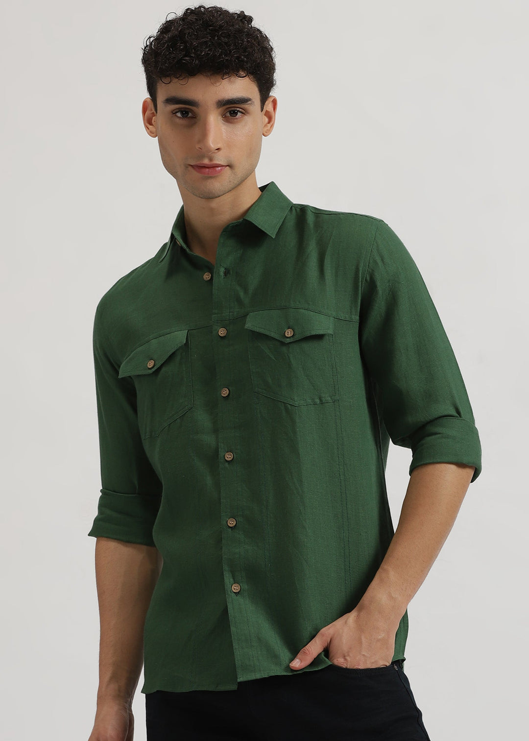 Thomas - Pure Linen Double Pocket Full Sleeve Shirt - Dark Green
