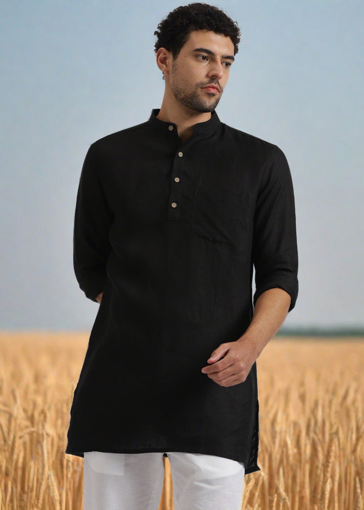 Jace - Full Sleeve Mandarin Collar Pure Linen Short Kurta - Black