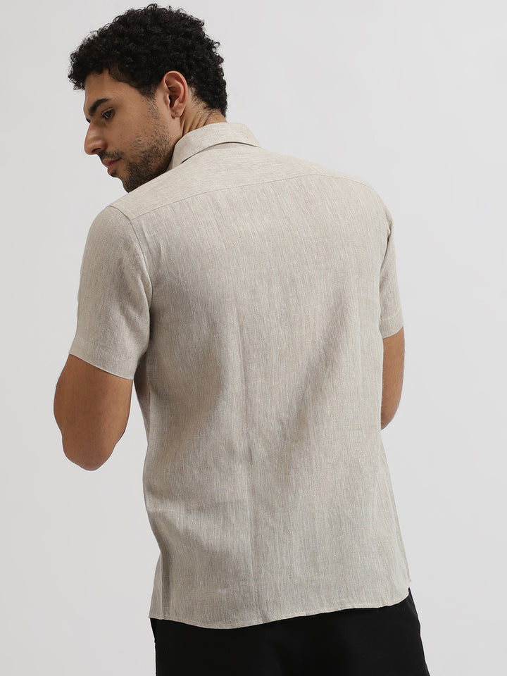Aryan - Pure Linen Toda Hand-Embroidered Half Sleeve Shirt - Ecru