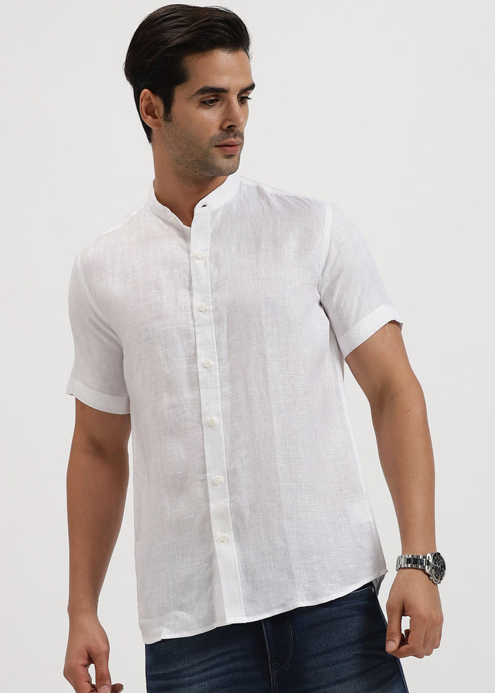 Ronan - Pure Linen Mandarin Collar Half Sleeve Shirt - White