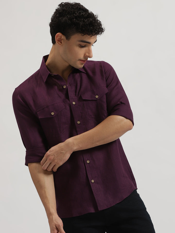 Thomas - Pure Linen Double Pocket Full Sleeve Shirt - Dark Purple