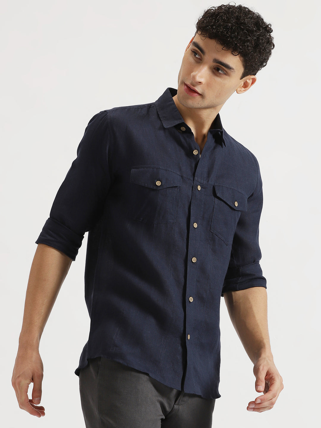 Thomas - Pure Linen Double Pocket Full Sleeve Shirt - Dark Blue