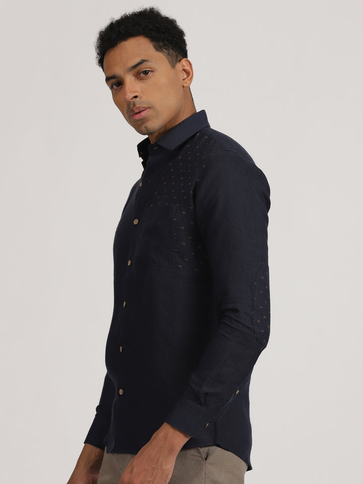 Ryker - Pure Linen Block Printed Dobby Full Sleeve Shirt - Dark Blue