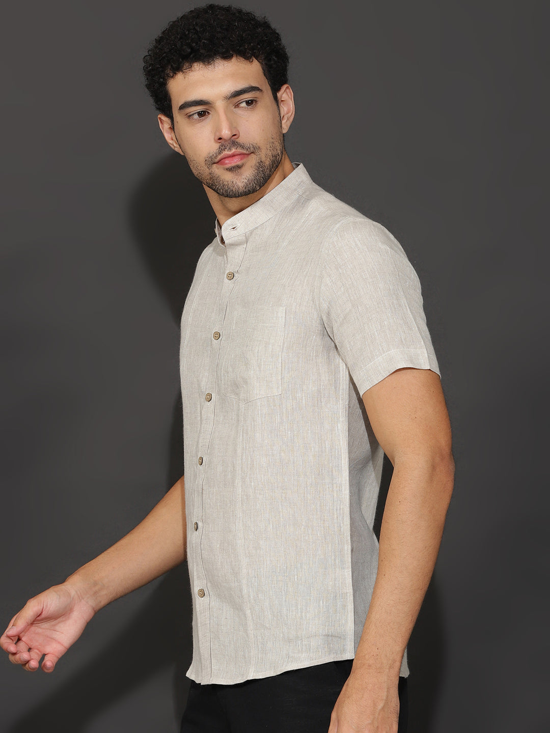 Trevor - Pure Linen Mandarin Collar Half Sleeve Shirt - Ecru