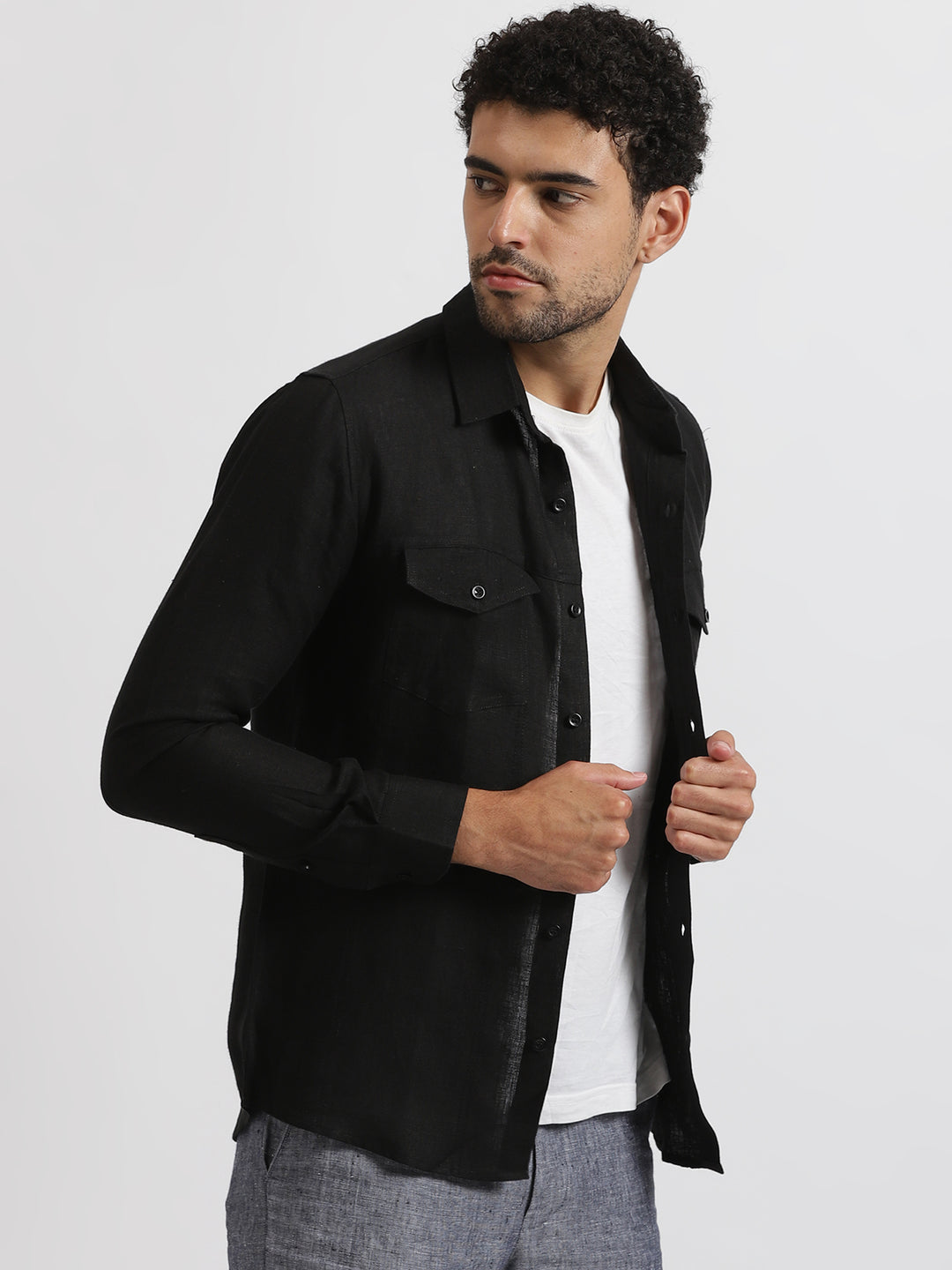 Thomas - Pure Linen Double Pocket Full Sleeve Shirt - Black