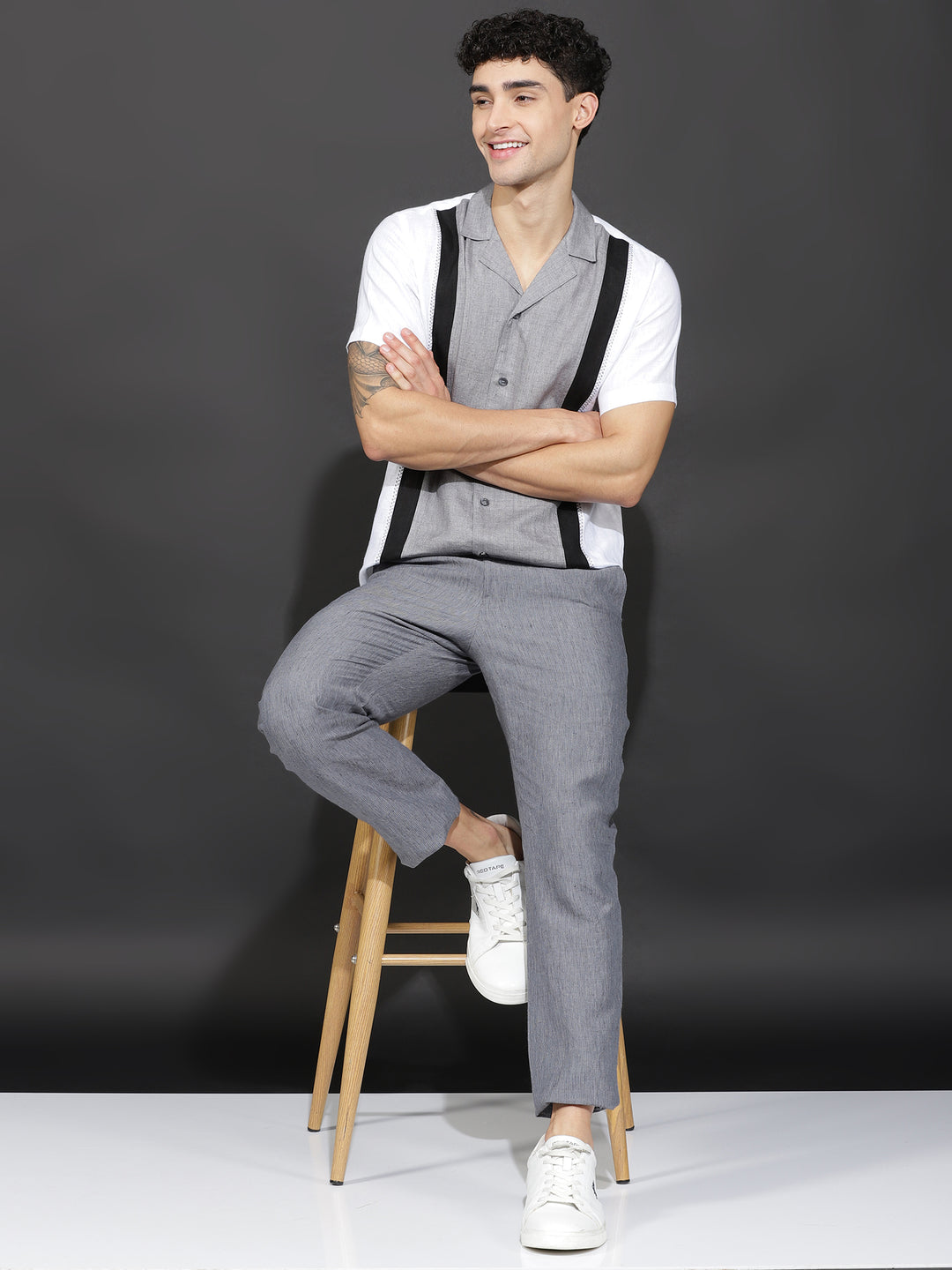 Harper - Pure Linen Block Half Sleeve Shirt - White Black & Grey