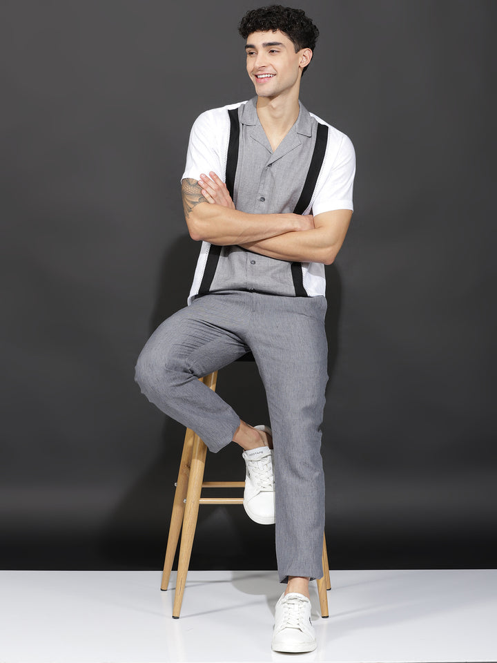 Harper - Pure Linen Block Half Sleeve Shirt - White Black & Grey