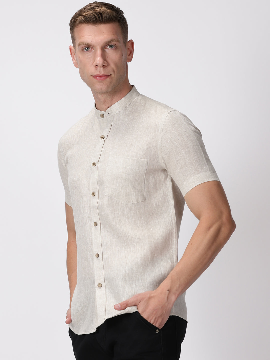 Chang - Pure Linen Mandarin Collar Half Sleeve Shirt - Ecru