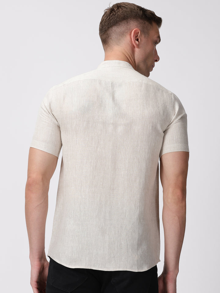 Chang - Pure Linen Mandarin Collar Half Sleeve Shirt - Ecru
