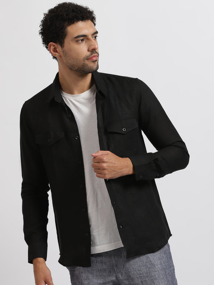 Thomas - Pure Linen Double Pocket Full Sleeve Shirt - Black